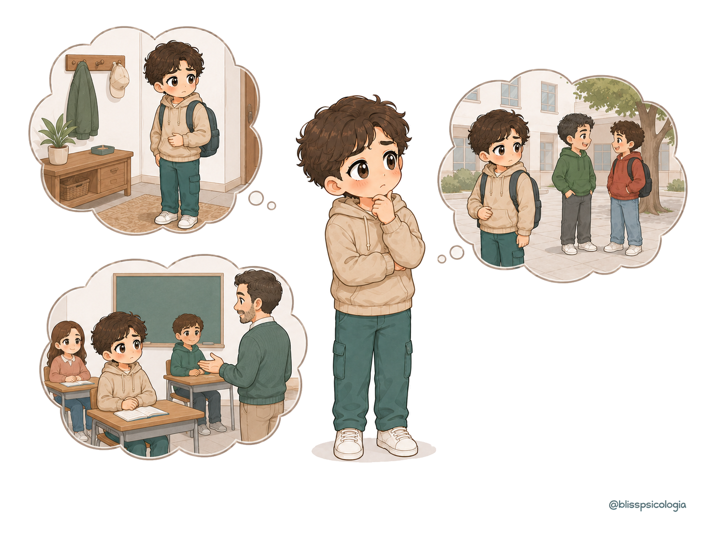 Adolescente preocupado imagina tres momentos difíciles: salir de casa, relacionarse con sus compañeros en la entrada y permanecer en clase.