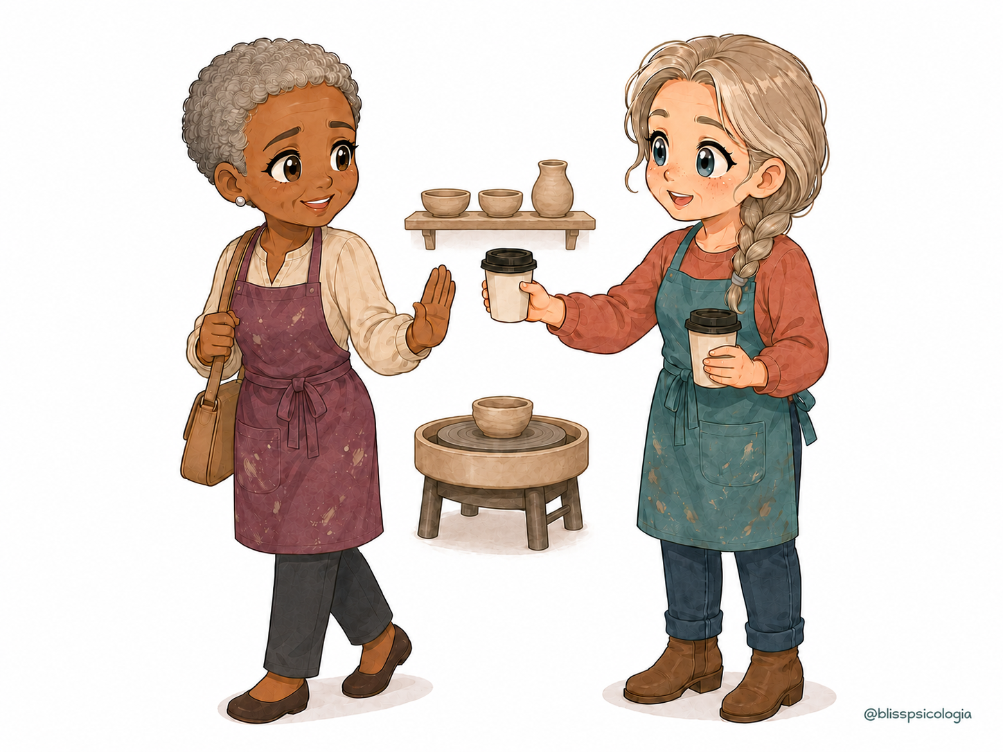 Dos mujeres con delantales en un taller de cerámica; una le ofrece un café a la otra, que se marcha con su bolso.