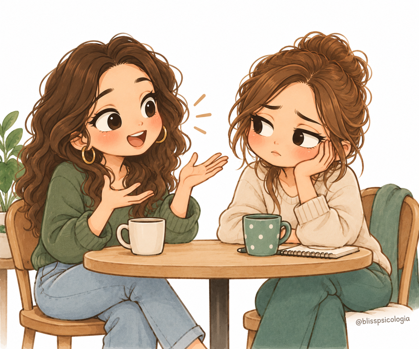 Dos amigas hablan en una cafetería; una cuenta algo animadamente mientras la otra escucha con expresión de cansancio.