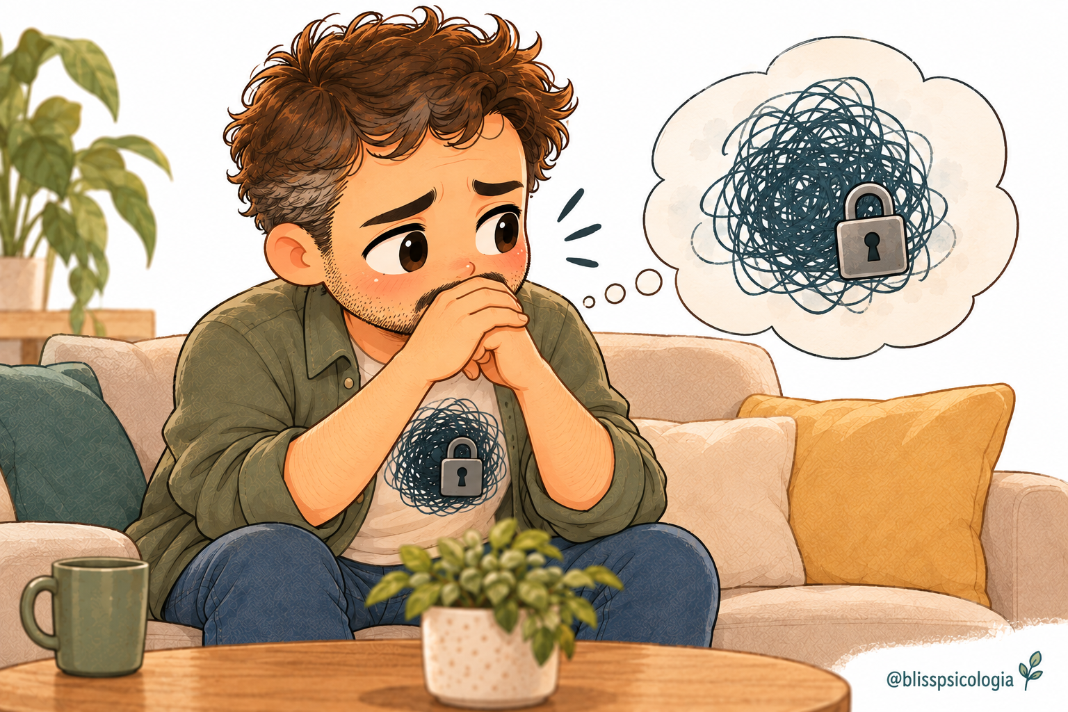 Marcos intenta entender qué le pasa y cómo ponerlo en palabras, ilustración de Bliss Psicología.