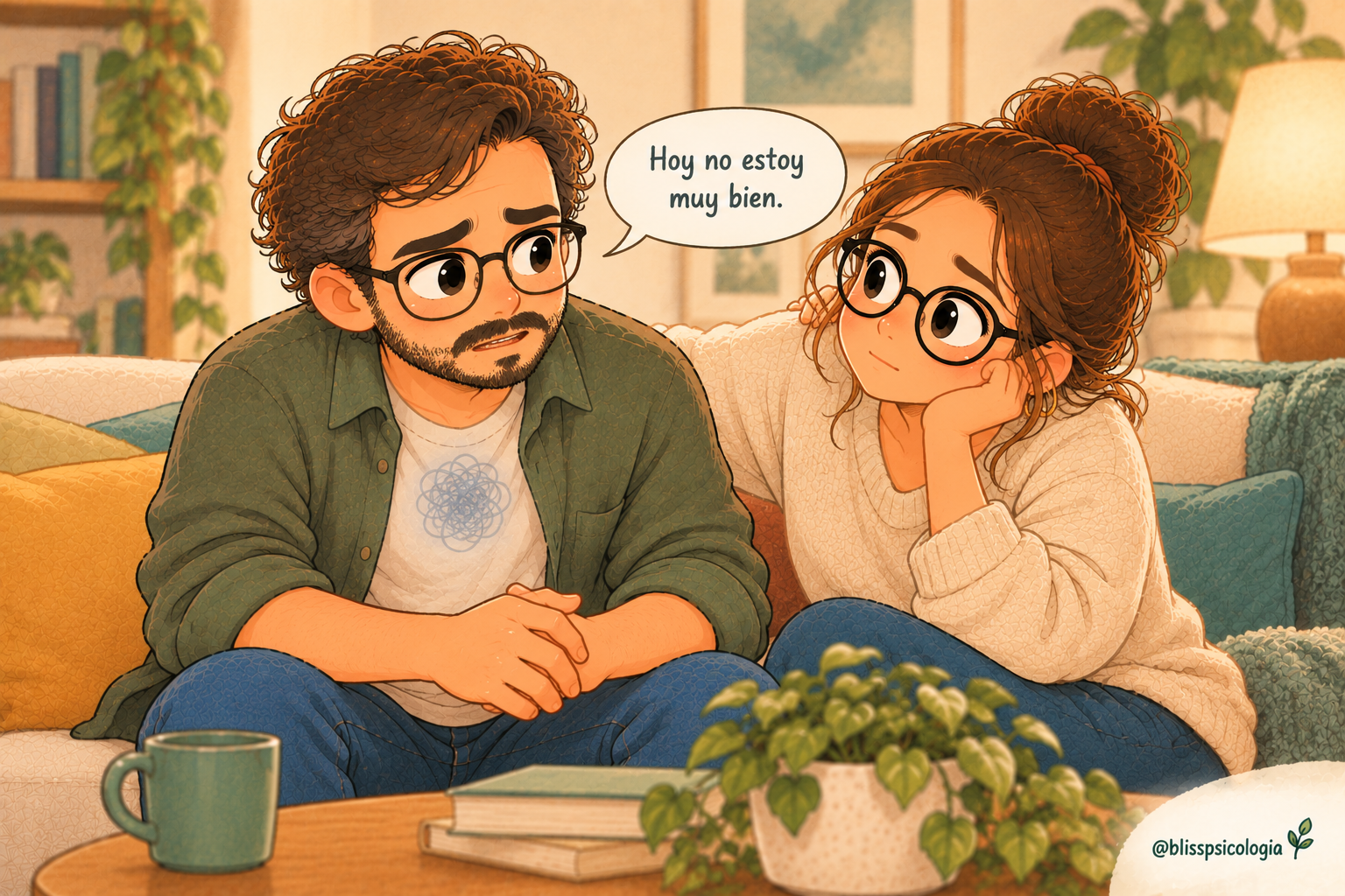 Marcos empieza a decir que no está bien sin tener que contarlo todo, mientras su pareja le escucha, ilustración de Bliss Psicología.