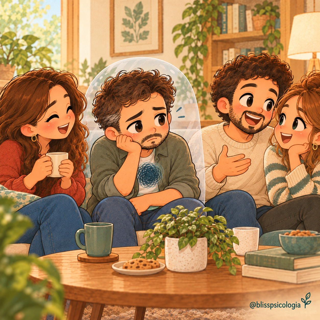 Marcos está acompañado por personas cercanas pero se siente aislado porque nadie sabe realmente cómo está, ilustración de Bliss Psicología.