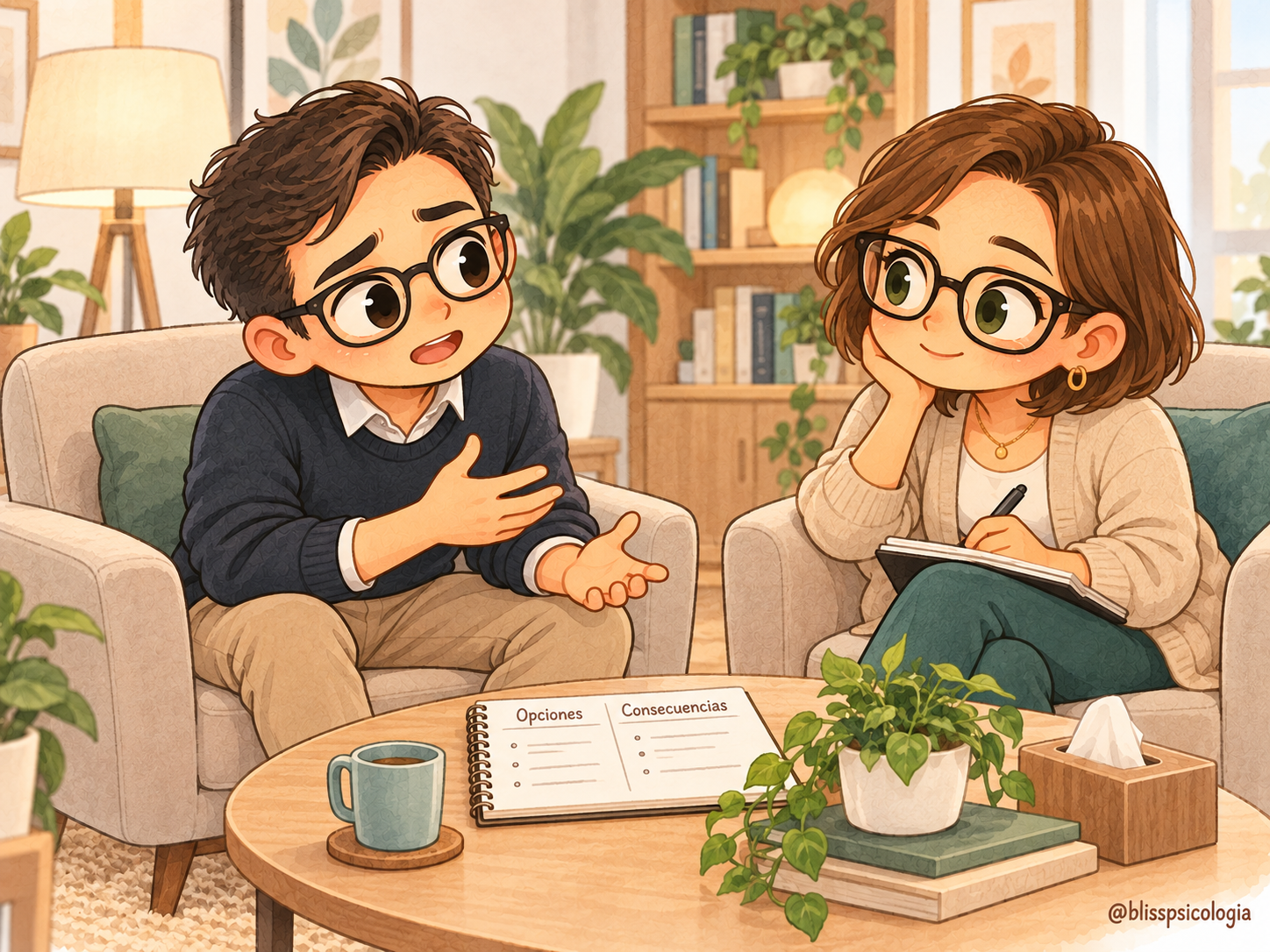  Ilustración de una sesión de terapia en Bliss Psicología: Andrés habla con la psicóloga Ana Saro sobre sus dificultades para decidir mientras ella le escucha.