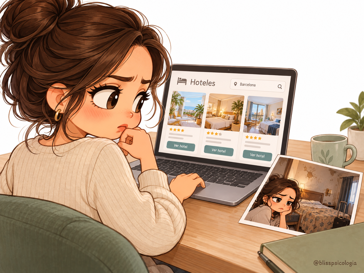 Laura compara hoteles en su ordenador mientras observa una fotografía de sus anteriores vacaciones, recordando una mala experiencia que le hace dudar.