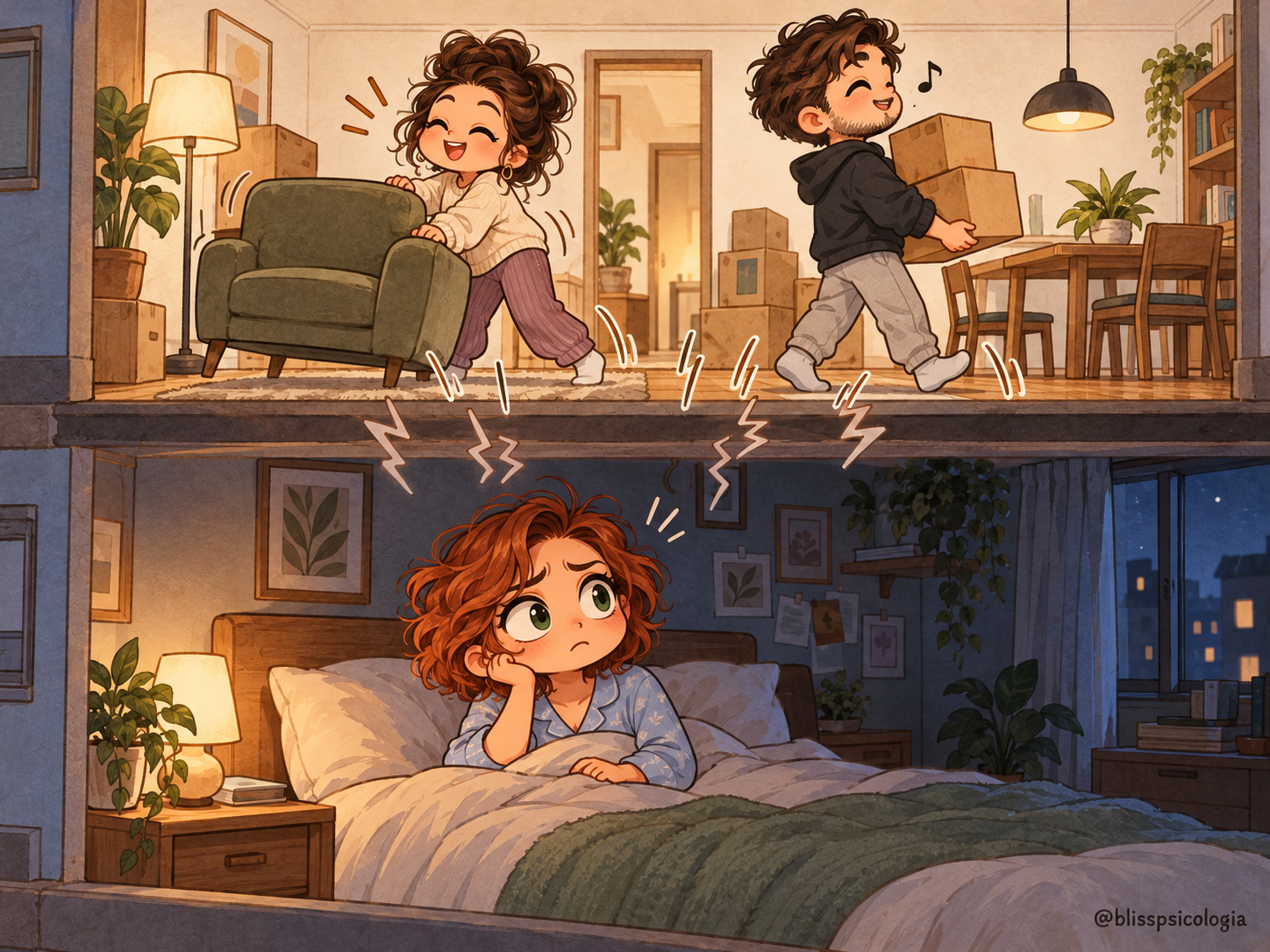 Ilustración de dos pisos superpuestos: Elena permanece despierta en la cama mientras los vecinos de arriba mueven muebles y hacen ruido durante la noche.