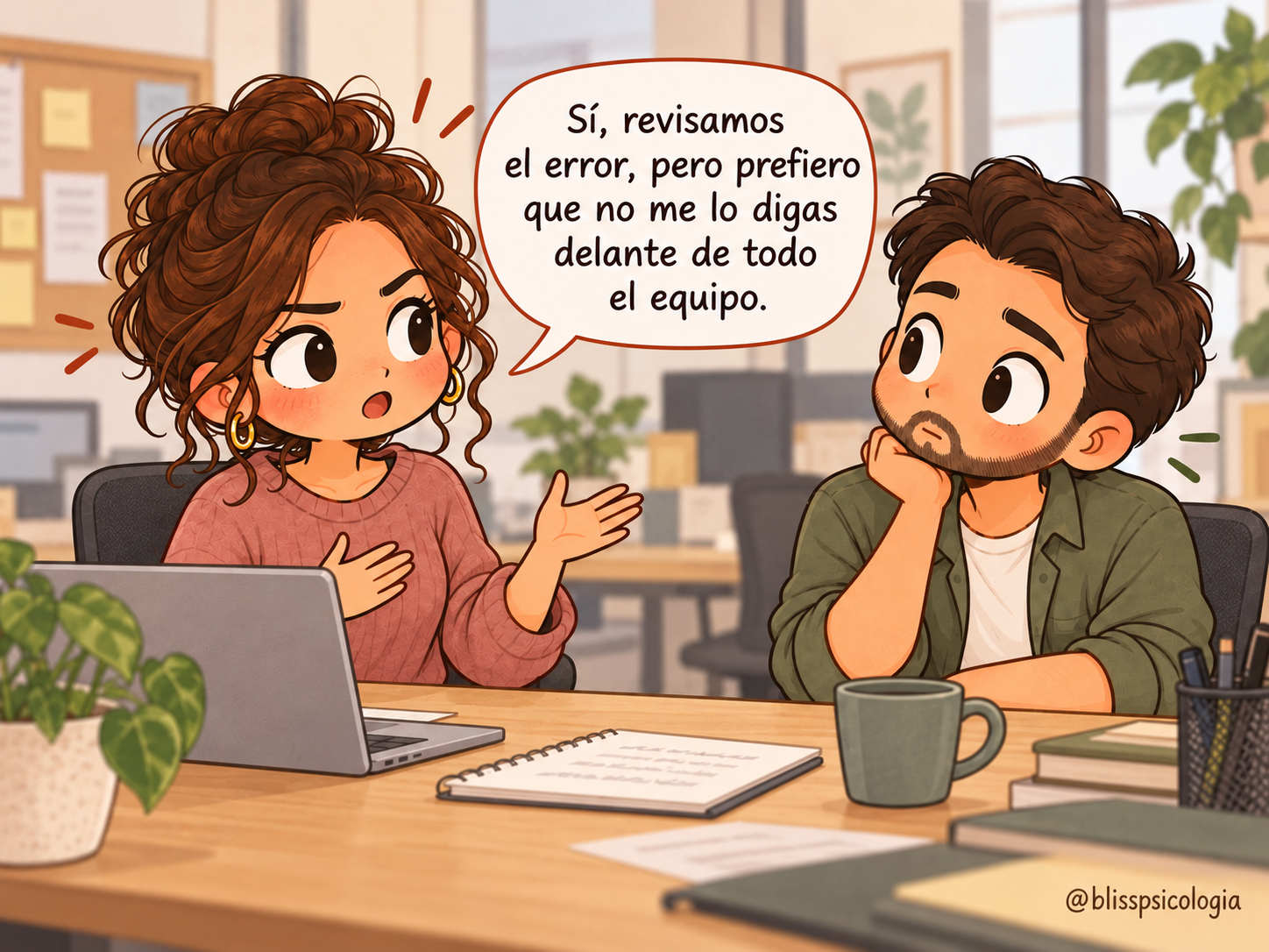 Dos compañeros conversan en una oficina. Ella acepta revisar un error, pero explica que prefiere que no se lo señalen delante de todo el equipo. Ilustración sobre cómo responder a una crítica sin ponerse a la defensiva ni quedarse callado.