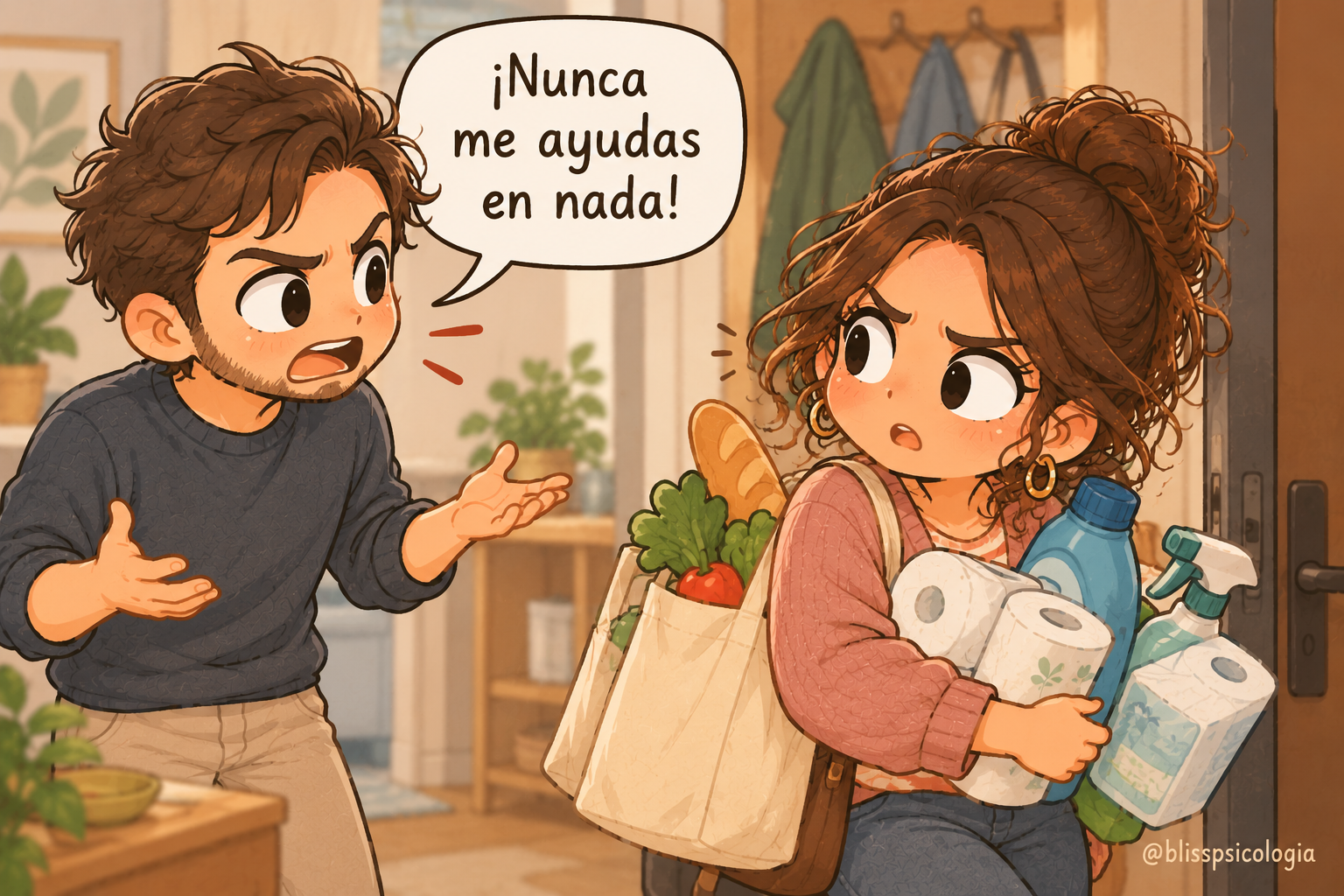 Un hombre dice «¡Nunca me ayudas en nada!» a una mujer que acaba de llegar cargada de bolsas de la compra y productos de limpieza. Ilustración sobre las críticas injustas y las reacciones defensivas que provocan.