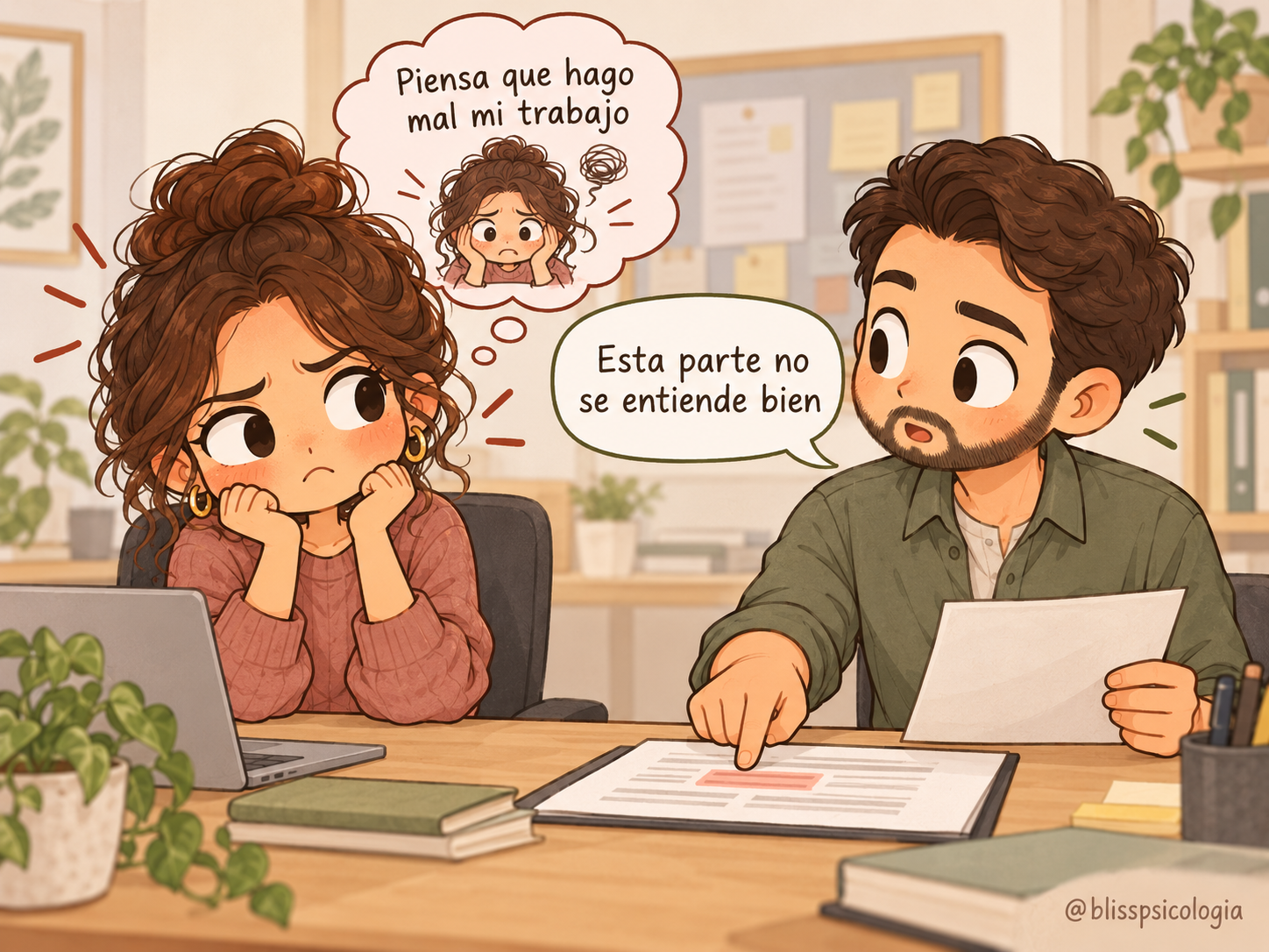 Una trabajadora interpreta la observación de su responsable, «Esta parte no se entiende bien», como una crítica a su capacidad profesional. Ilustración de Bliss Psicología sobre ponerse a la defensiva ante un comentario.