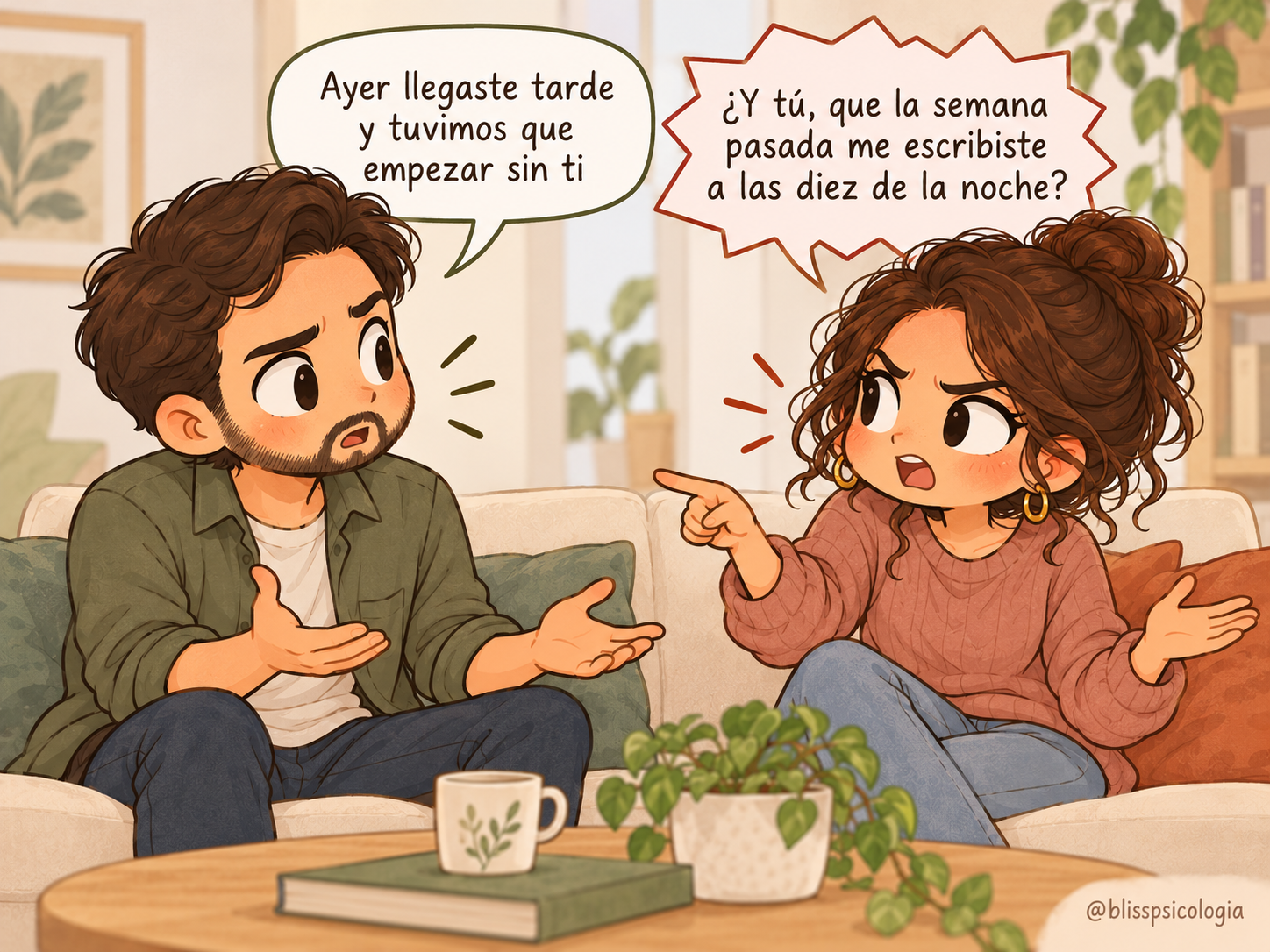 Dos personas discuten. Él señala que ella llegó tarde y tuvieron que empezar sin ella. La mujer responde reprochándole que le escribiera a las diez de la noche, cambiando de tema en lugar de responder a la primera queja.