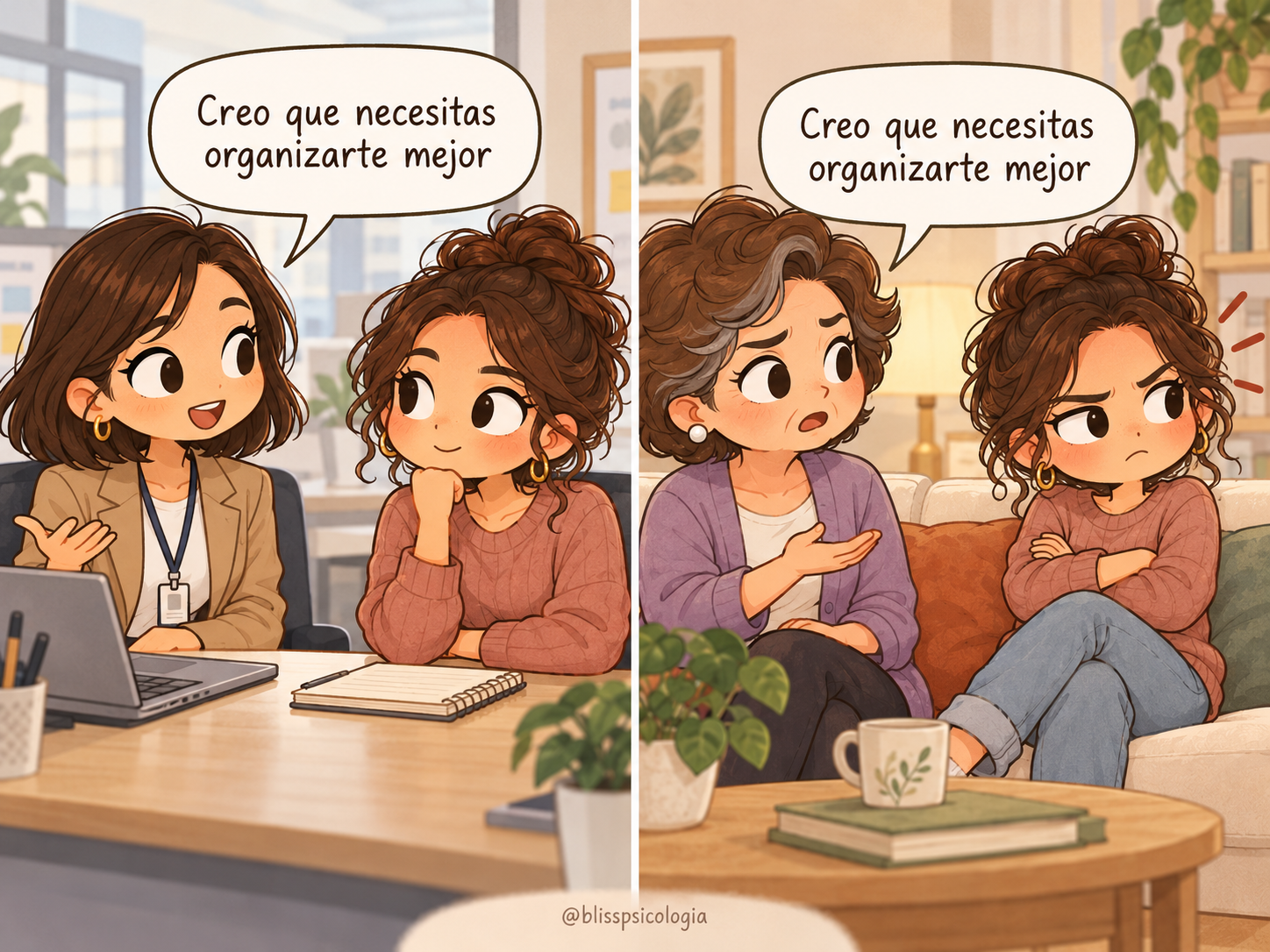 Ilustración dividida en dos escenas. Una mujer escucha con tranquilidad una sugerencia de su compañera de trabajo, pero reacciona a la defensiva cuando su madre le hace la misma observación sobre cómo organizarse.