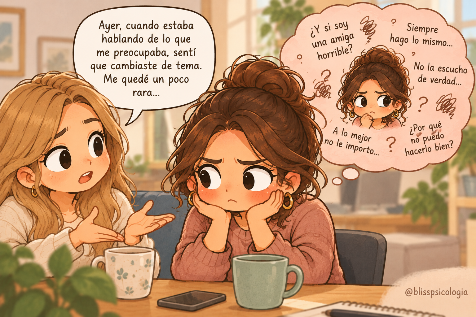 Dos amigas conversan mientras una explica que se sintió desatendida cuando la otra cambió de tema. Su amiga comienza a cuestionarse si es una mala amiga, convirtiendo una observación concreta en una crítica a su manera de ser.